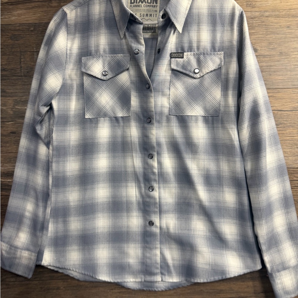 DIXXON the Summit Flannel Blue Cream White Plaid Women's Button Down Shirt - Picture 2 of 7